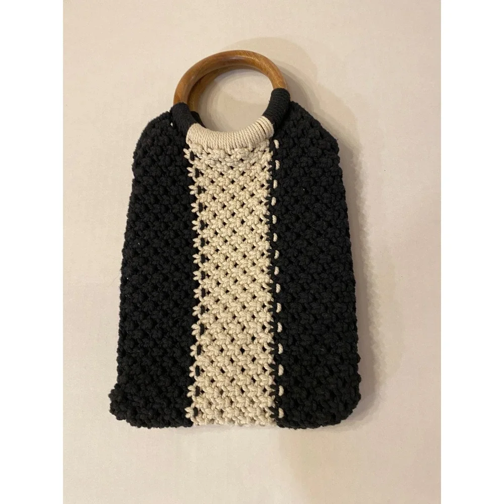 LAUDE‎ the Label Black Cream Mini Macrame Cotton Bag with Wooden Ring Handles